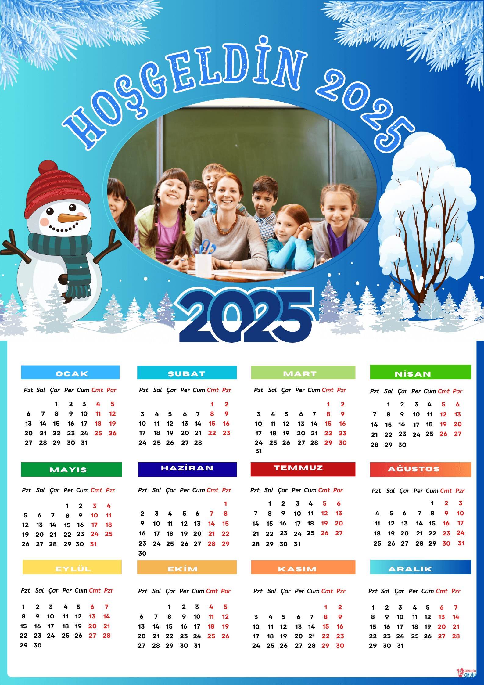 2025 Yılı Takvim Şablonu - Annenin Okulu