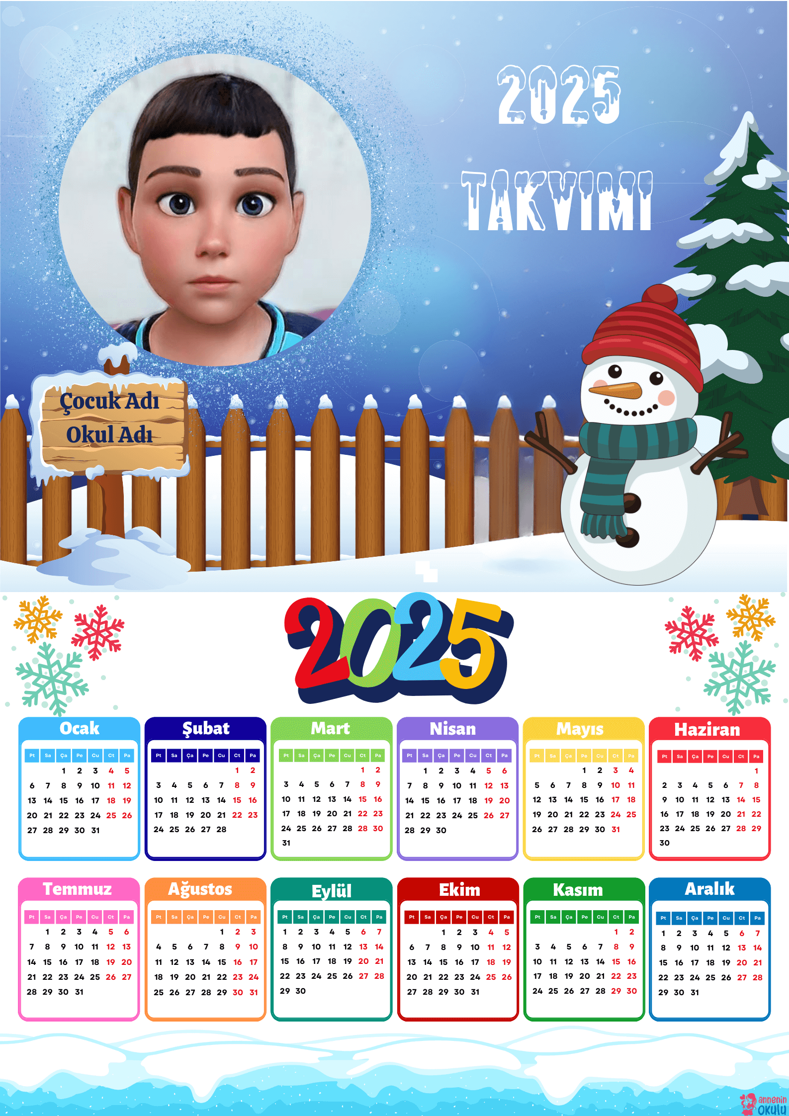 2025 Yılı Takvim Şablonu - Annenin Okulu